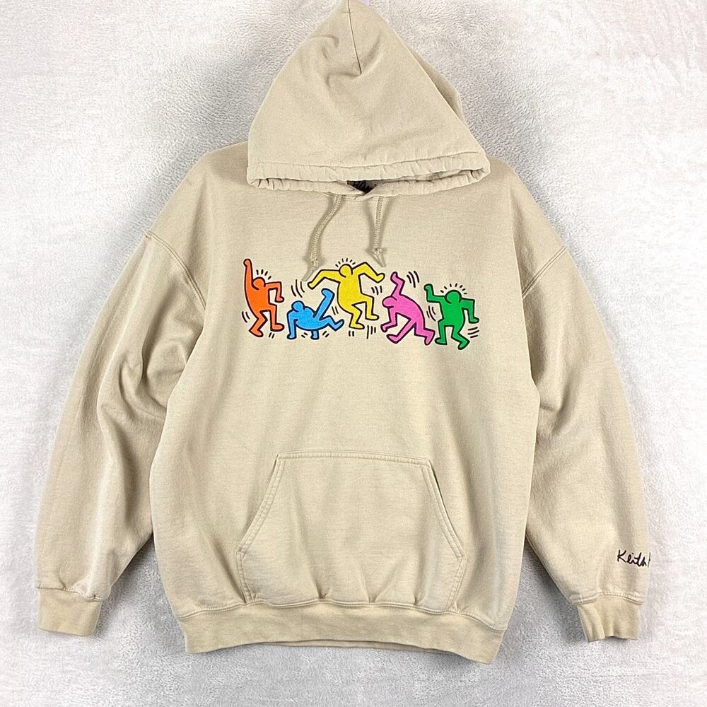 Keith Haring Hoodie Men L Beige Dancing Figures Streetwear Graffiti Pop Art 80s